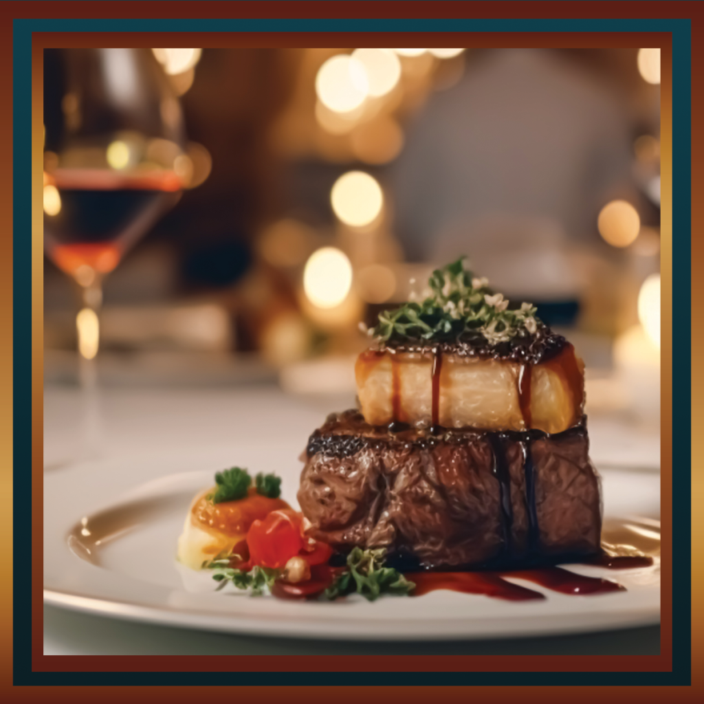 Picture of a steak dinner with a scallop.