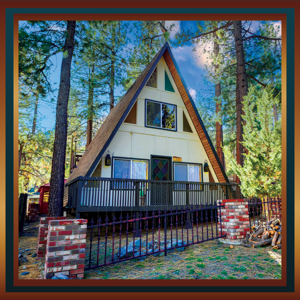 A-frame cabin in the woods.