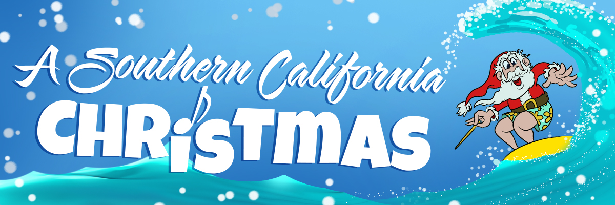 A Southern California Christmas banner with Santa Claus on a surf board.