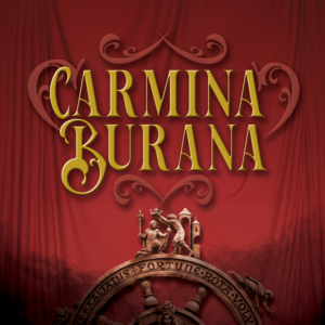 Carmina Burana logo with the words Carmina Burana in gold in front of a red curtain.