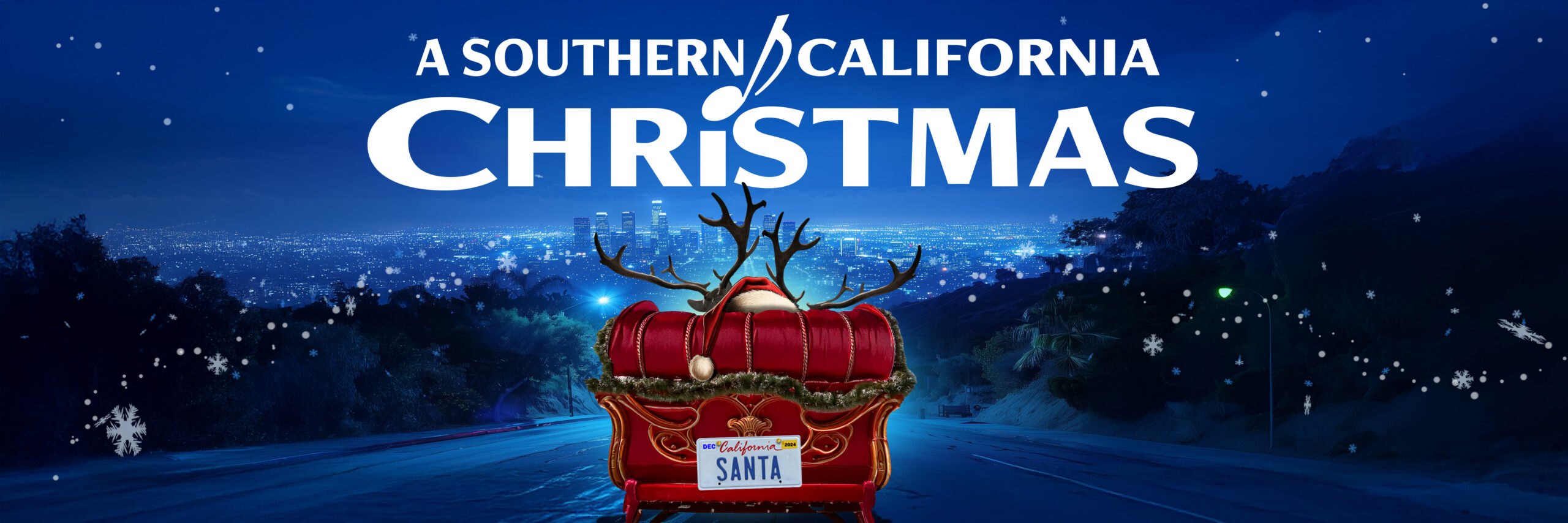 A Southern California Christmas artwork with the back of Santa's sleigh heading toward Los Angeles and a California License plate that says SANTA.