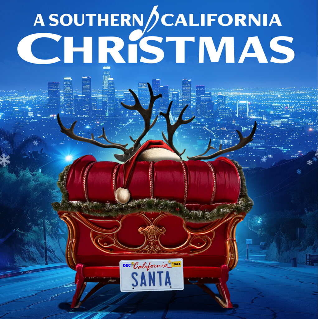 A Southern California Christmas artwork with the back of Santa's sleigh heading toward Los Angeles and a California License plate that says SANTA.