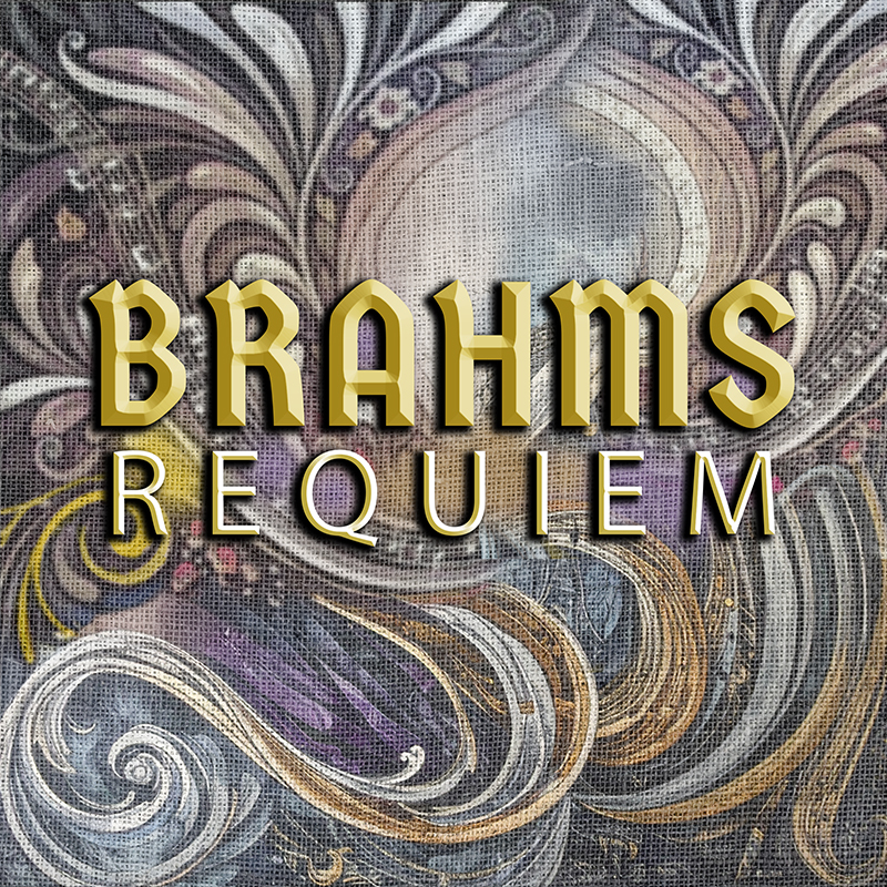 The words Brahms Requiem on a pastel swirl background.