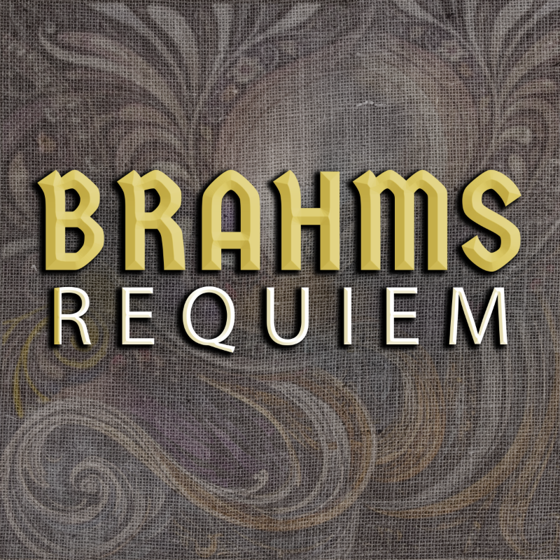 The words BRAHMS REQUIEM on a paisley stylized background.