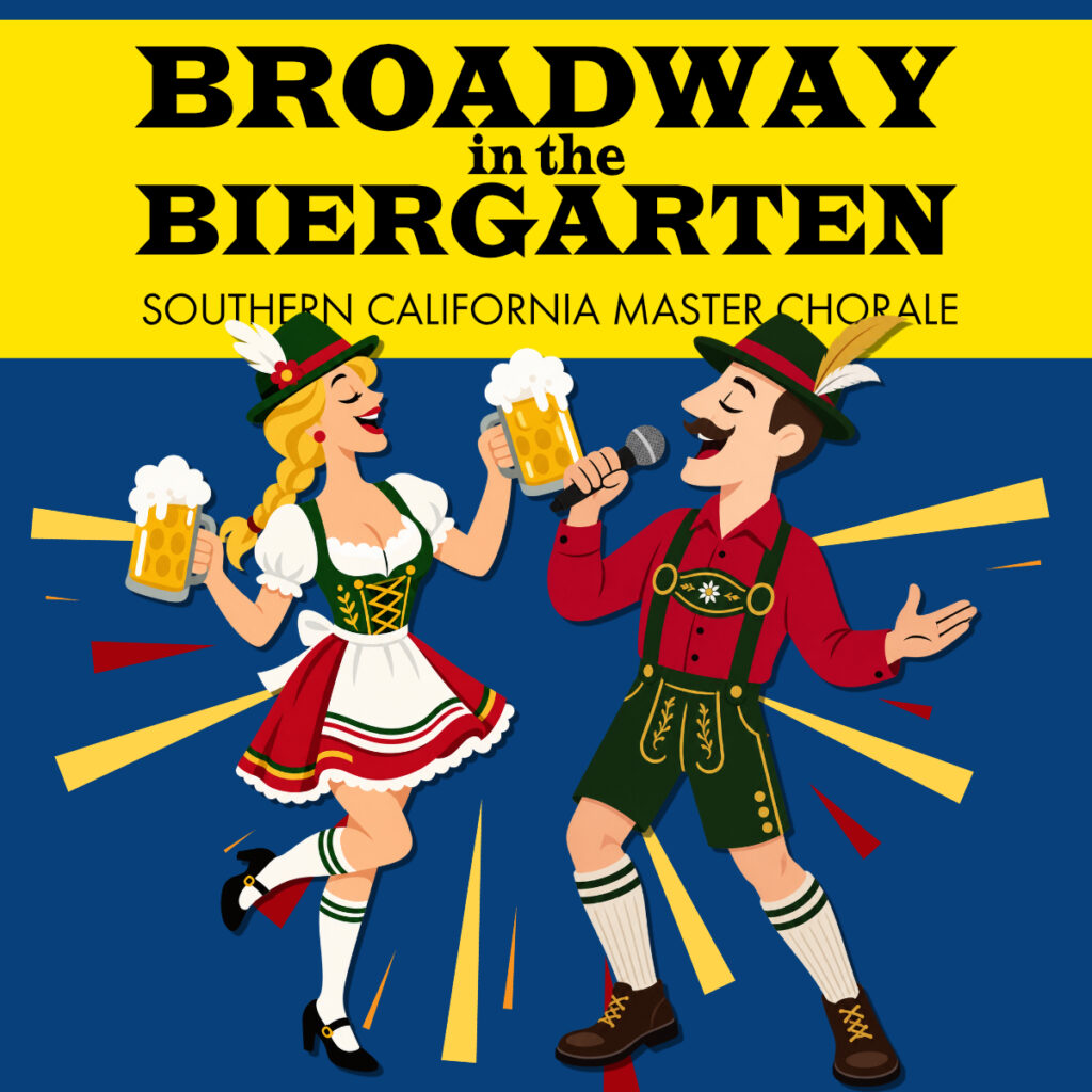 A woman holding two beer mugs and a man holding a microphone both in traditional Oktoberfest costume on a blue background with a yellow banner that reads "Broadway in the Biergarten"
