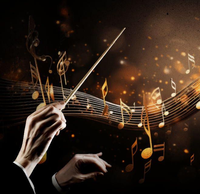 The hands of a conductor holding a baton with music floating in the air.